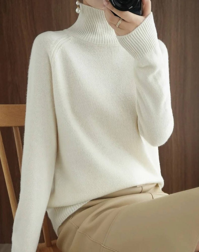 Ribbed Knit Roll Neck Merino Wool Sweater for Women - White