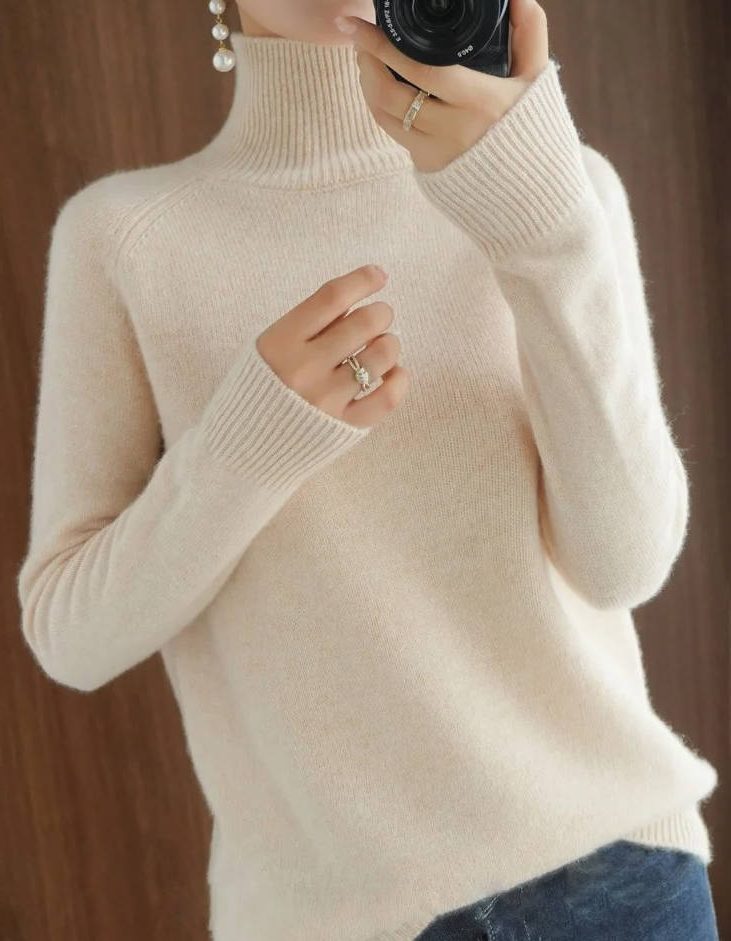 Ribbed Knit Roll Neck Merino Wool Sweater for Women - Beige