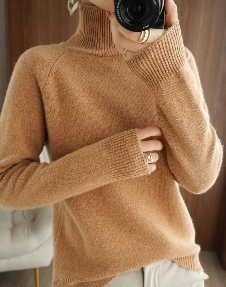 Ribbed Knit Roll Neck Merino Wool Sweater for Women - Gold