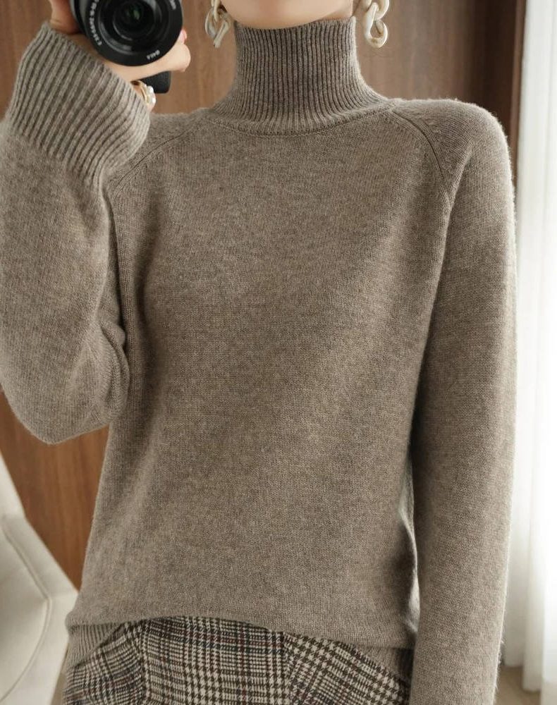 Ribbed Knit Roll Neck Merino Wool Sweater for Women - Camel
