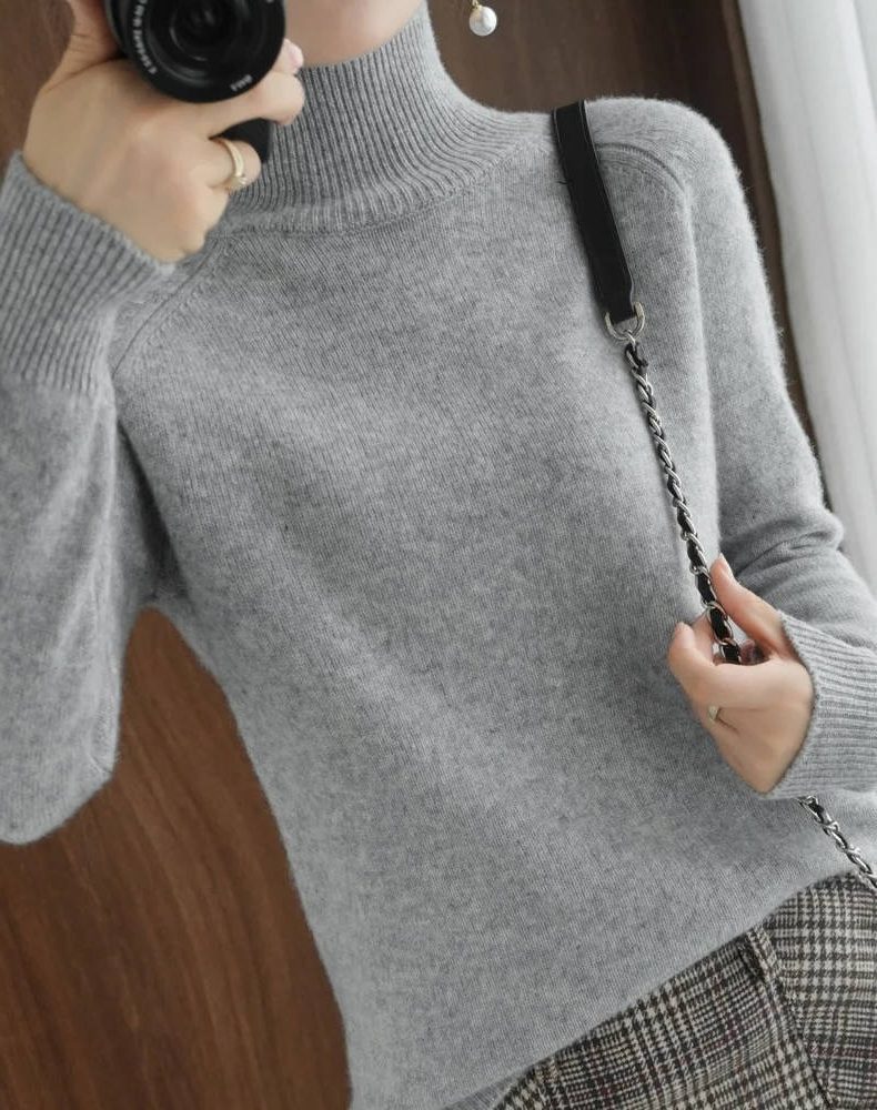 Ribbed Knit Roll Neck Merino Wool Sweater for Women - Gray
