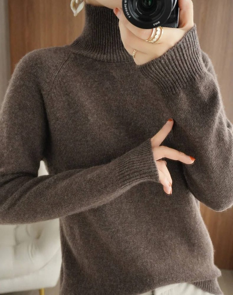 Ribbed Knit Roll Neck Merino Wool Sweater for Women - Coffee
