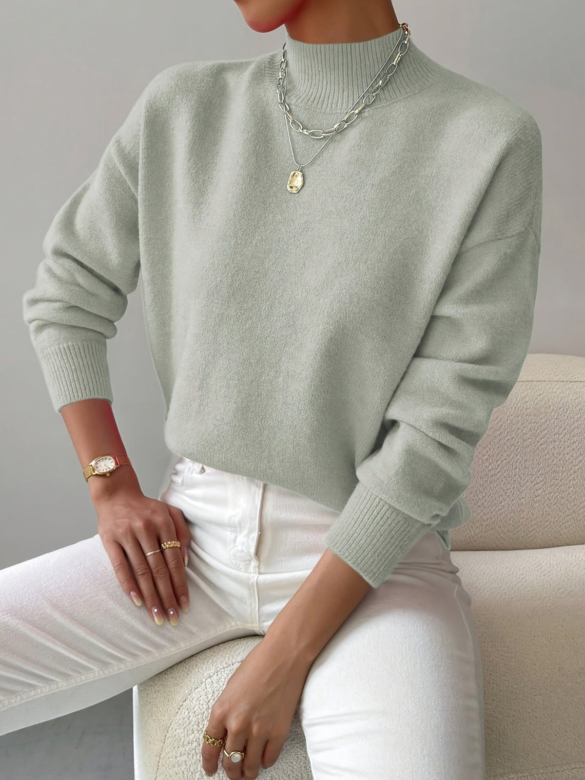 Ribbed Knit Roll Neck Sweater for Women