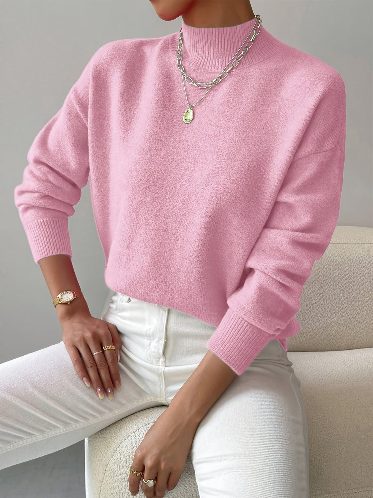 Ribbed Knit Roll Neck Sweater for Women - Light Pink