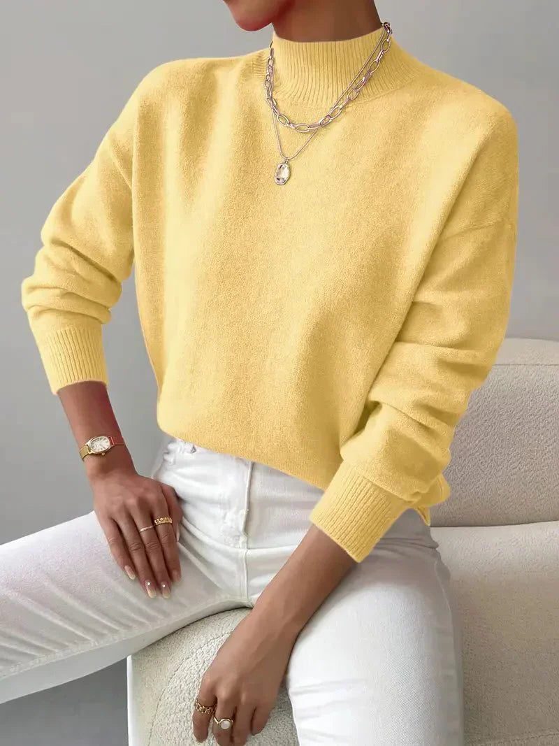 Ribbed Knit Roll Neck Sweater for Women - Yellow