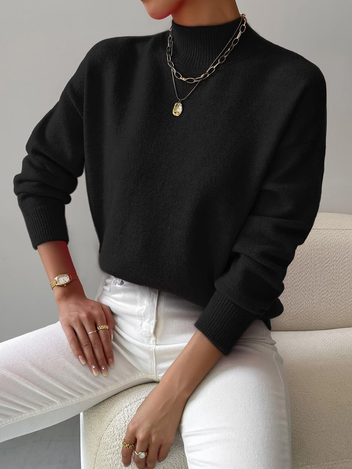 Ribbed Knit Roll Neck Sweater for Women - Black