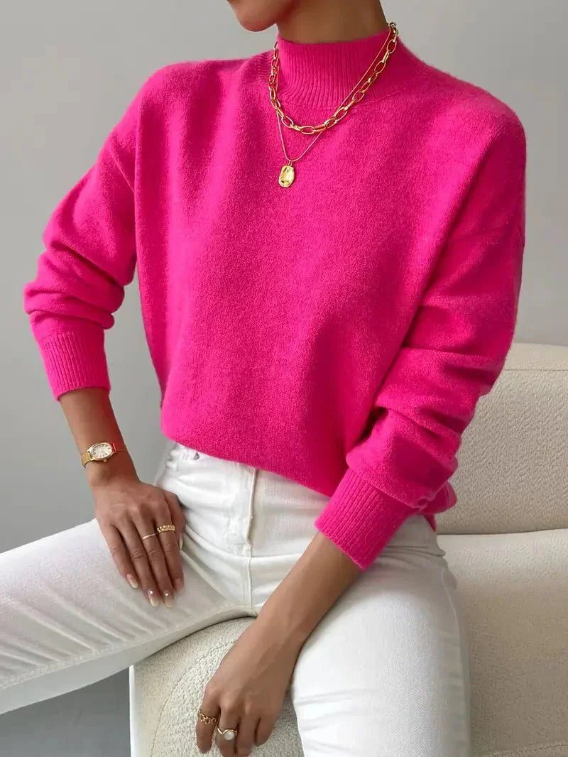Ribbed Knit Roll Neck Sweater for Women - Pink