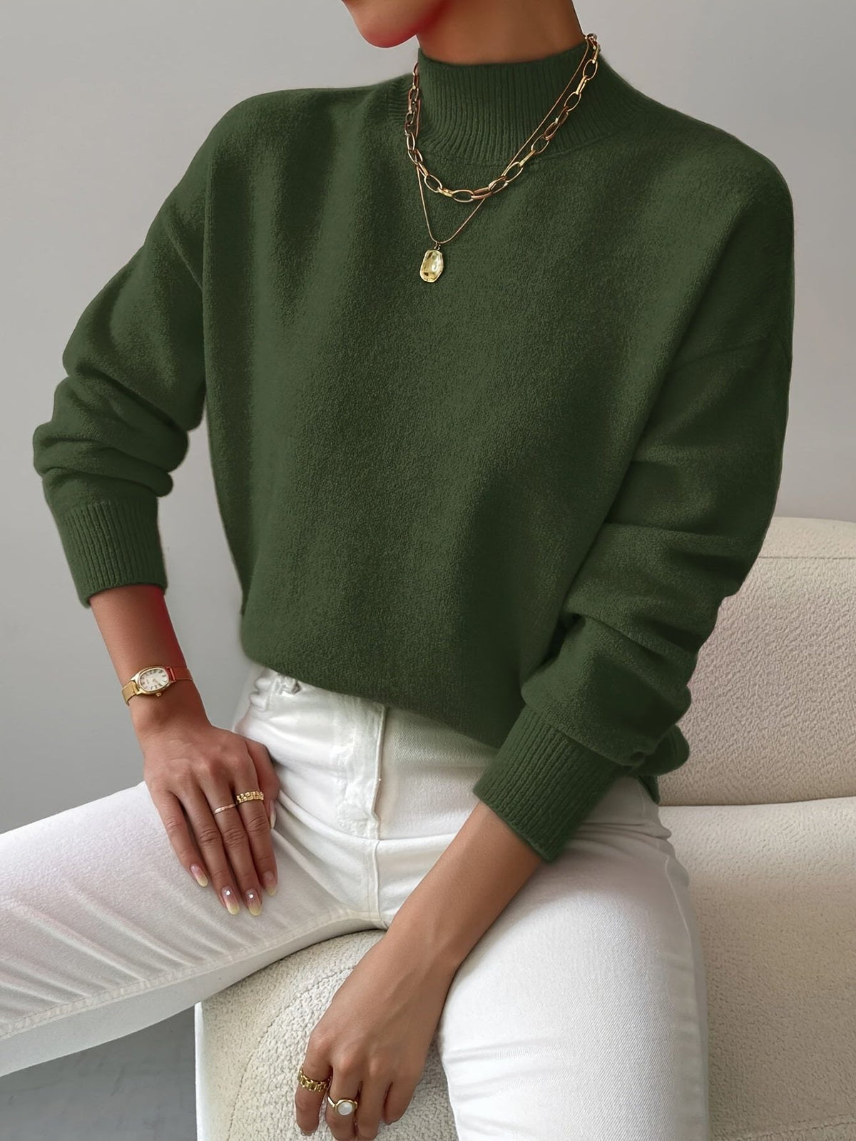 Ribbed Knit Roll Neck Sweater for Women - Green