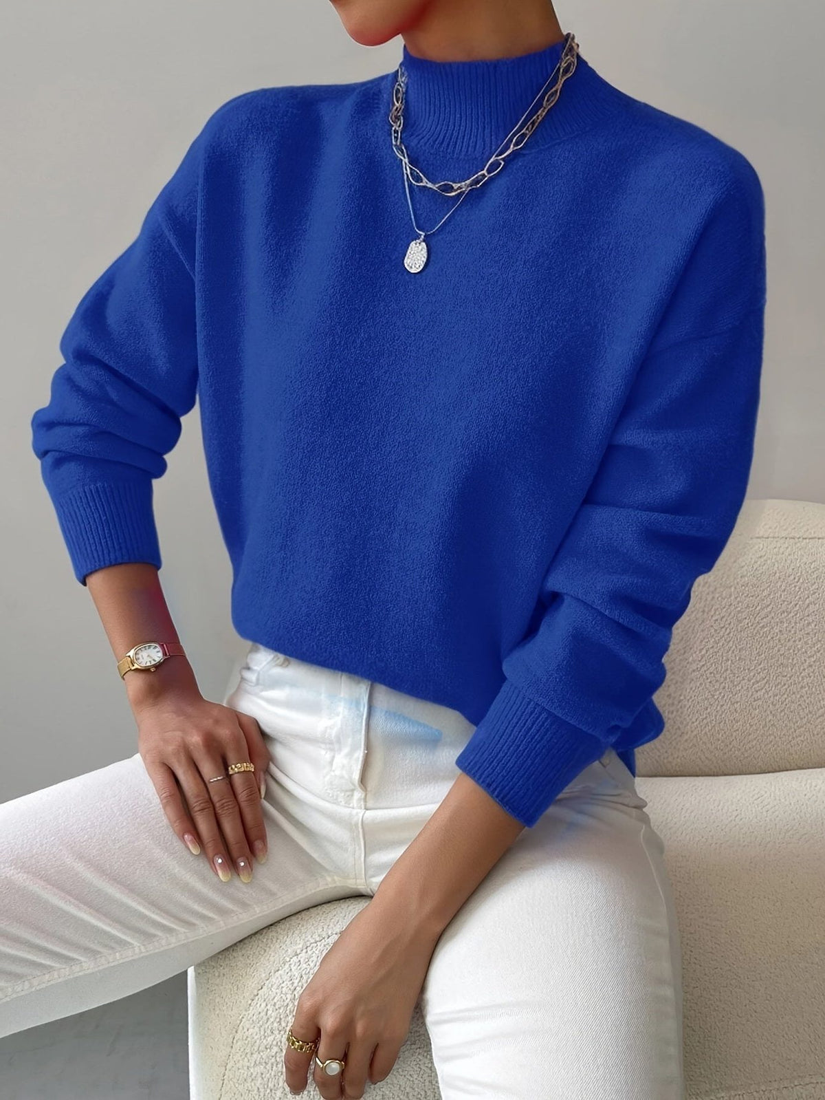 Ribbed Knit Roll Neck Sweater for Women - Blue