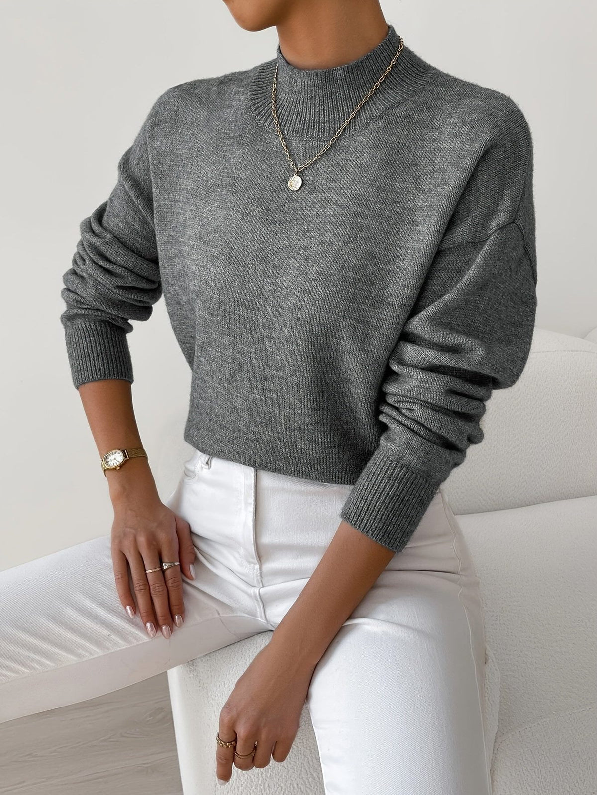 Ribbed Knit Roll Neck Sweater for Women - Dark Gray