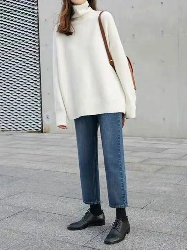 Ribbed Knit Roll Neck Turtleneck Sweater for Women - Bianco