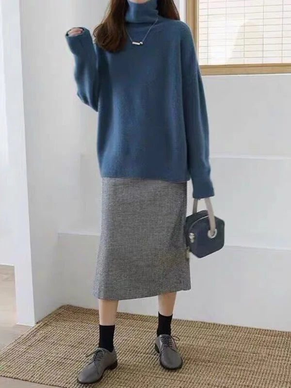 Ribbed Knit Roll Neck Turtleneck Sweater for Women - Blu