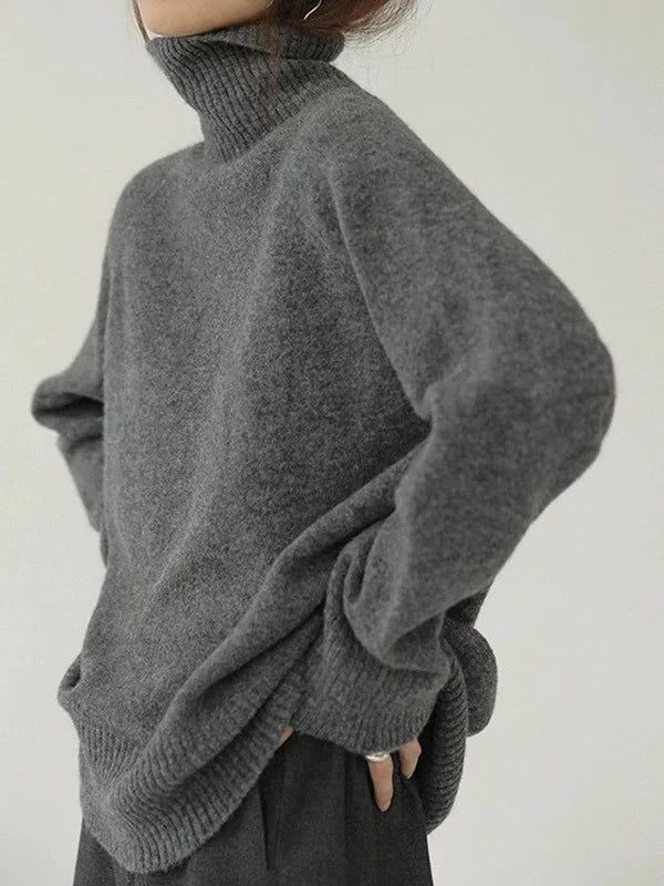 Ribbed Knit Roll Neck Turtleneck Sweater for Women - Grau