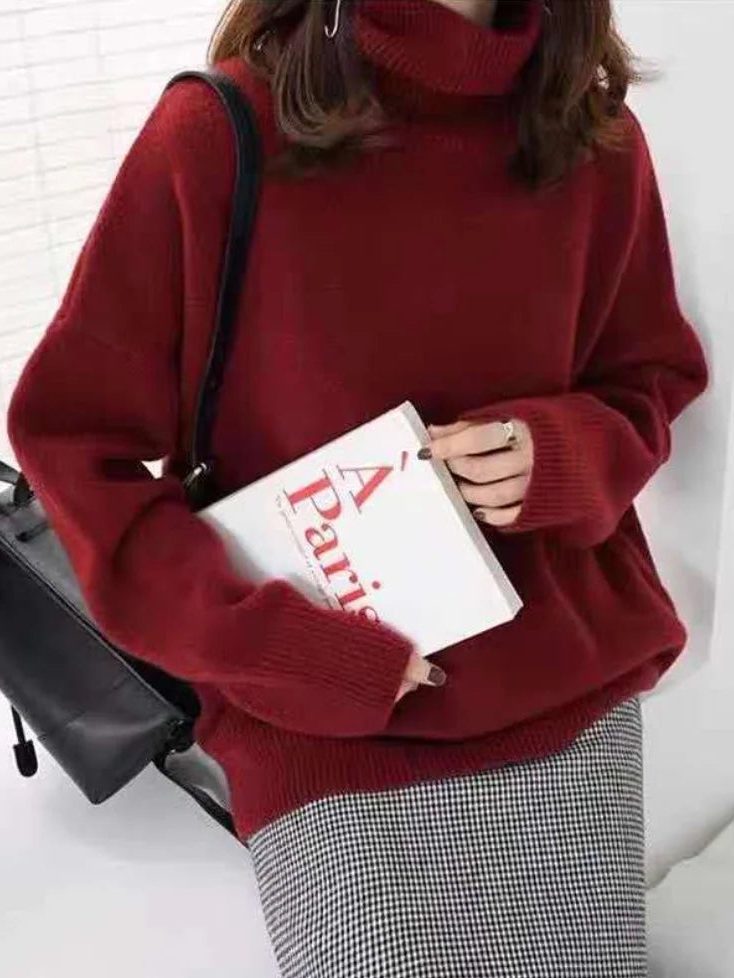 Ribbed Knit Roll Neck Turtleneck Sweater for Women - Rosso