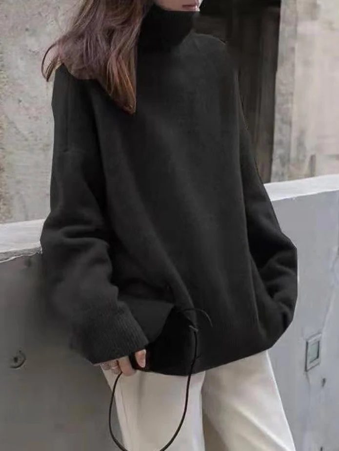 Ribbed Knit Roll Neck Turtleneck Sweater for Women - Nero