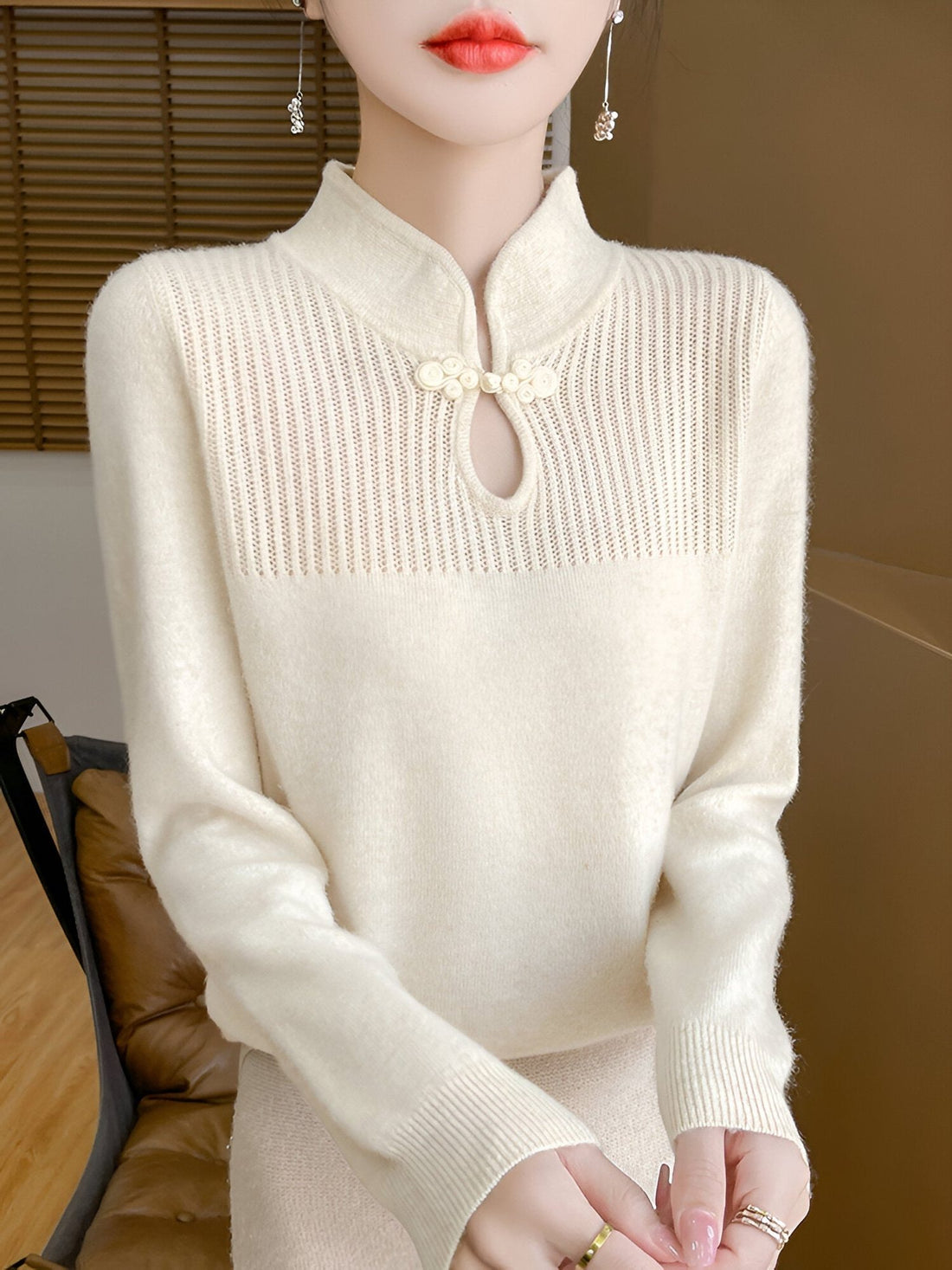 Ribbed Knit Stand Collar Merino Wool Sweater for Women