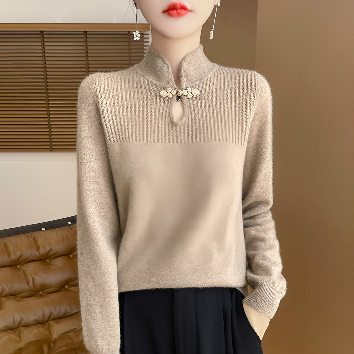 Ribbed Knit Stand Collar Merino Wool Sweater for Women - Camel