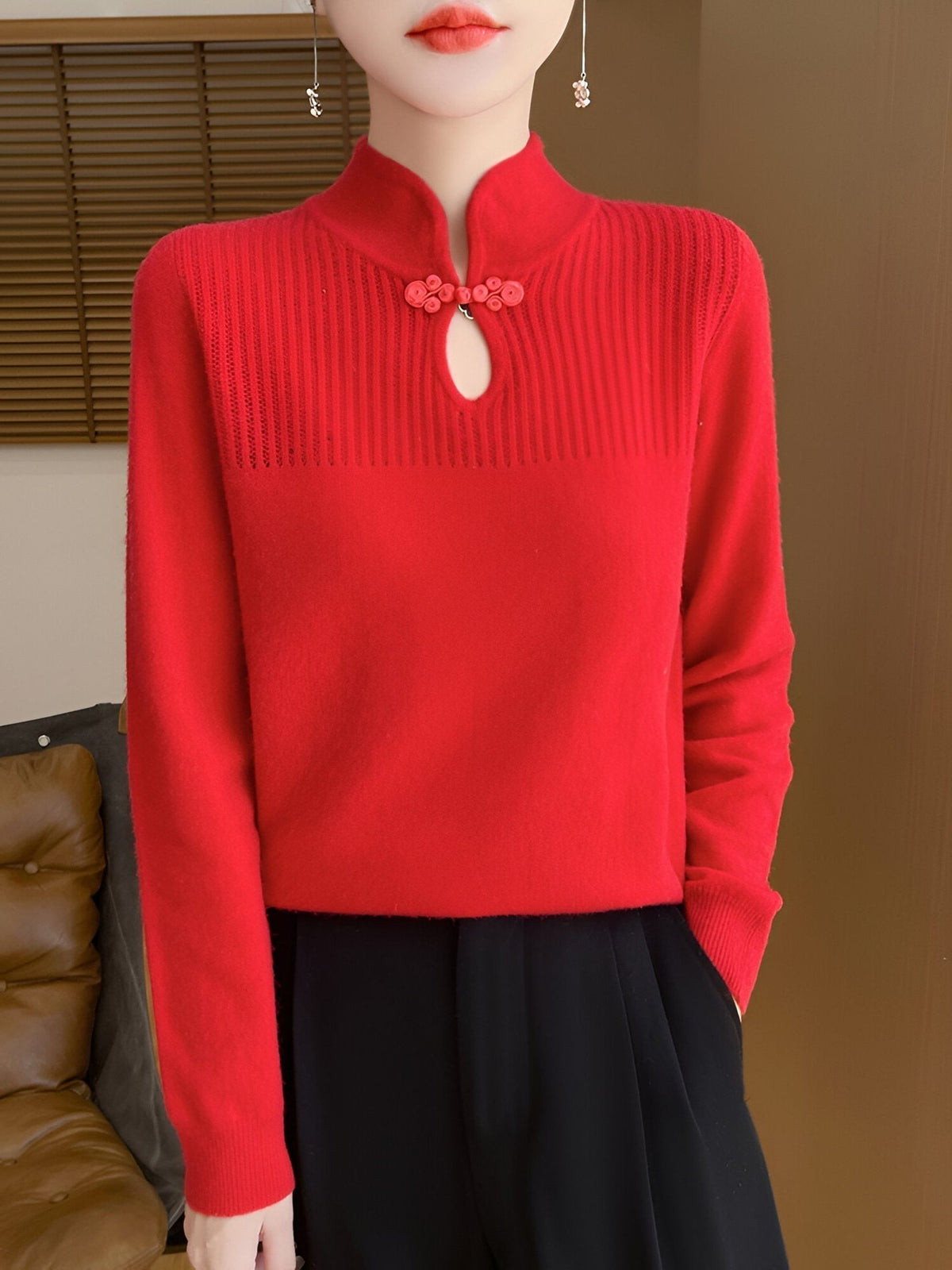 Ribbed Knit Stand Collar Merino Wool Sweater for Women - Red