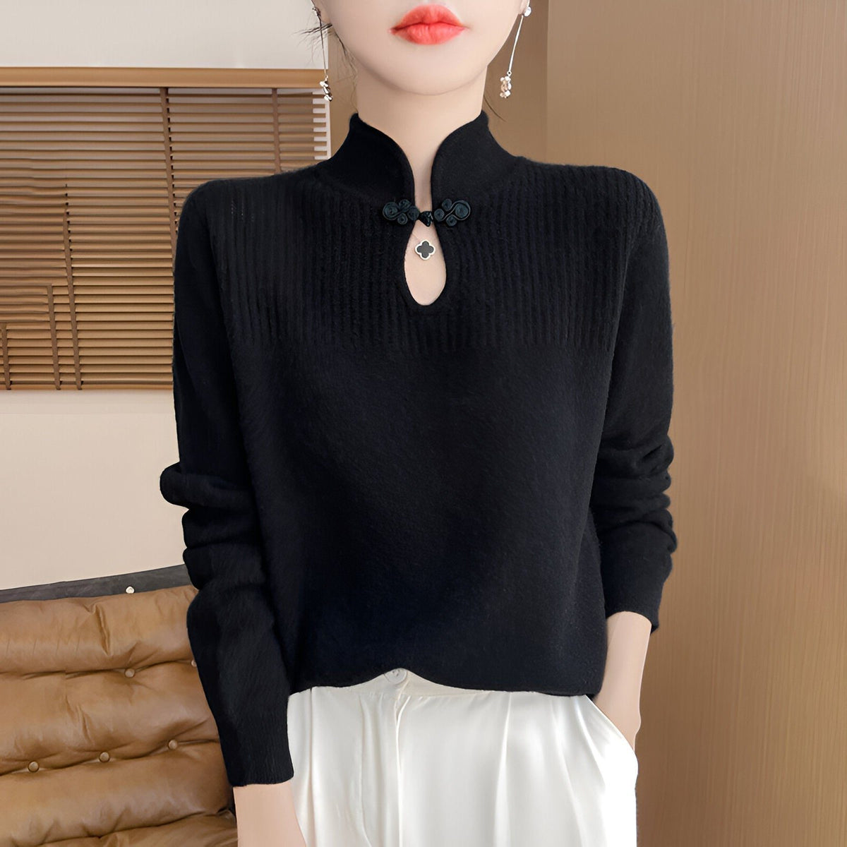 Ribbed Knit Stand Collar Merino Wool Sweater for Women - Black