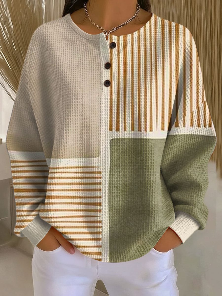 Ribbed Knit Striped Button-Up Jumper for Women