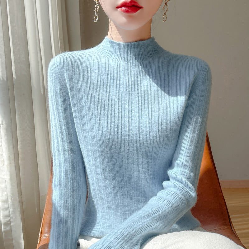 Ribbed Knit Sweater with Stand Collar for Women - Sea Blue