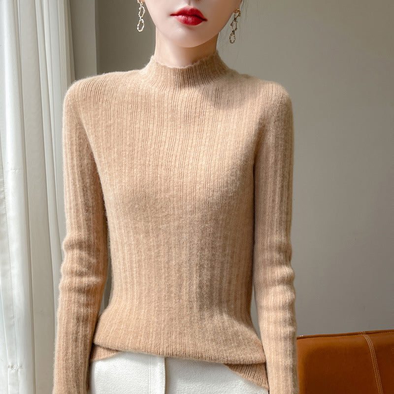 Ribbed Knit Sweater with Stand Collar for Women - Gold Camel