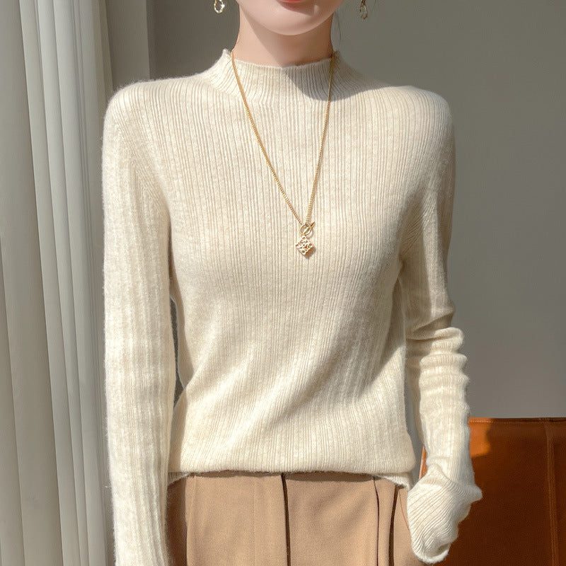 Ribbed Knit Sweater with Stand Collar for Women