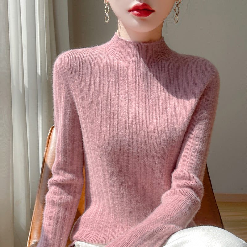 Ribbed Knit Sweater with Stand Collar for Women - Rose