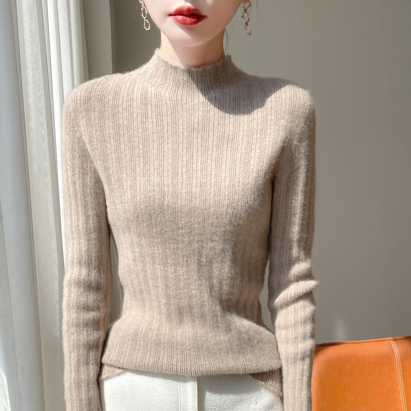 Ribbed Knit Sweater with Stand Collar for Women - Elegant Camel