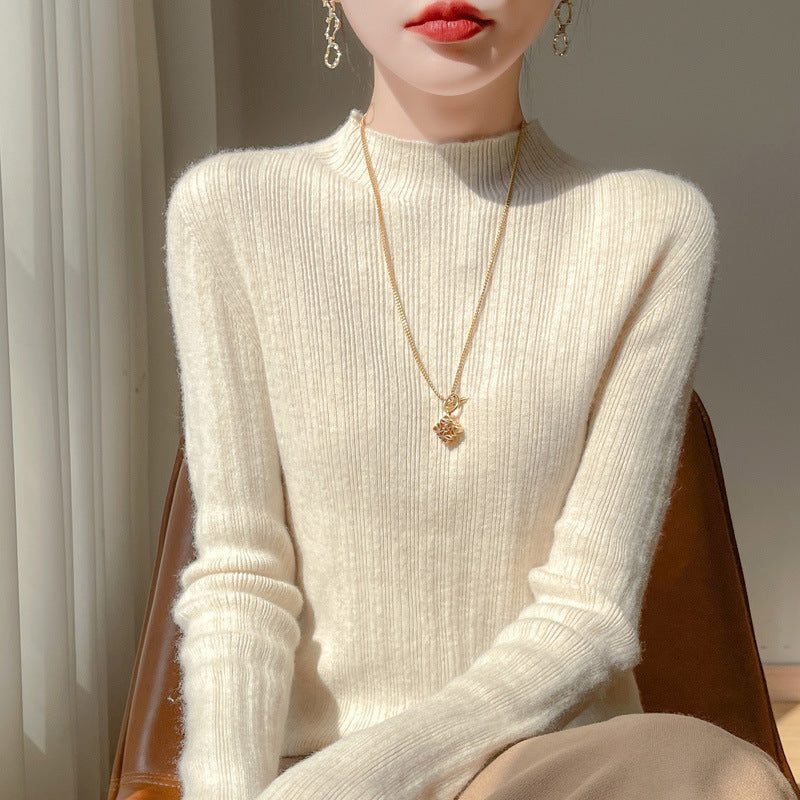 Ribbed Knit Sweater with Stand Collar for Women - Oat Beige