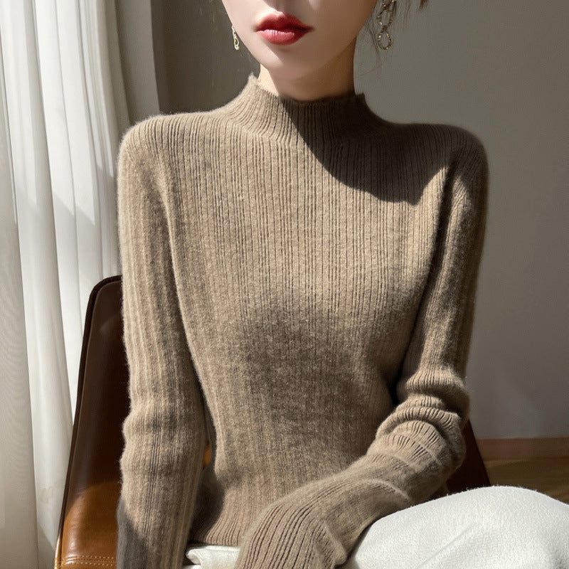 Ribbed Knit Sweater with Stand Collar for Women - Velour Camel