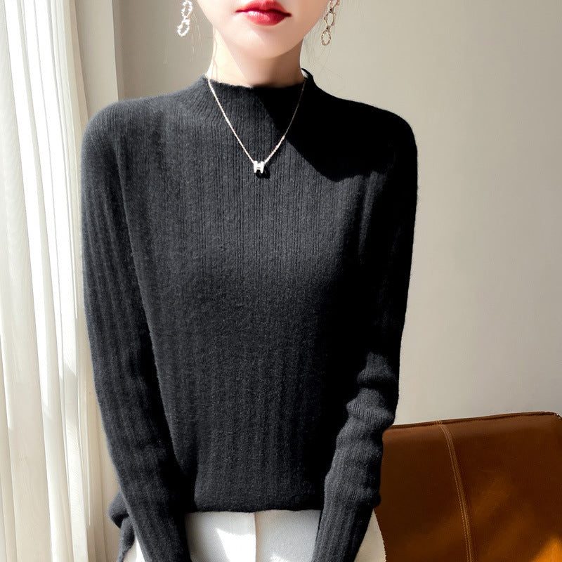 Ribbed Knit Sweater with Stand Collar for Women - Black