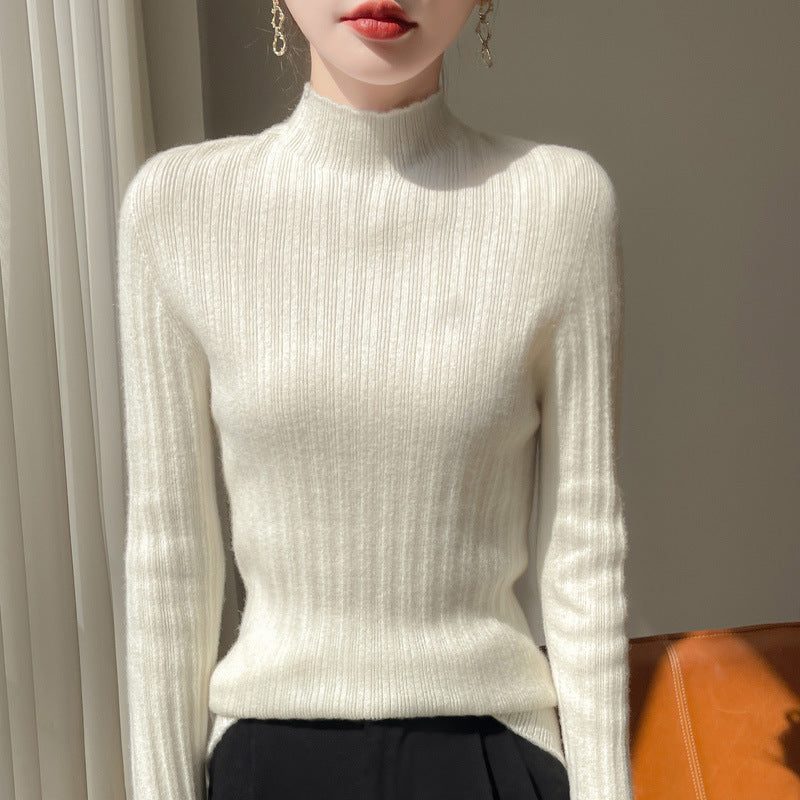 Ribbed Knit Sweater with Stand Collar for Women - Ecru