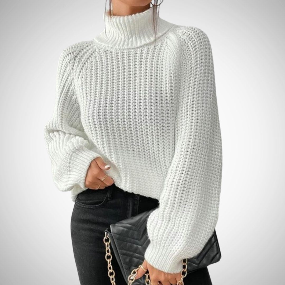 Ribbed Knit Tunic Turtleneck Sweater for Women - Weiß
