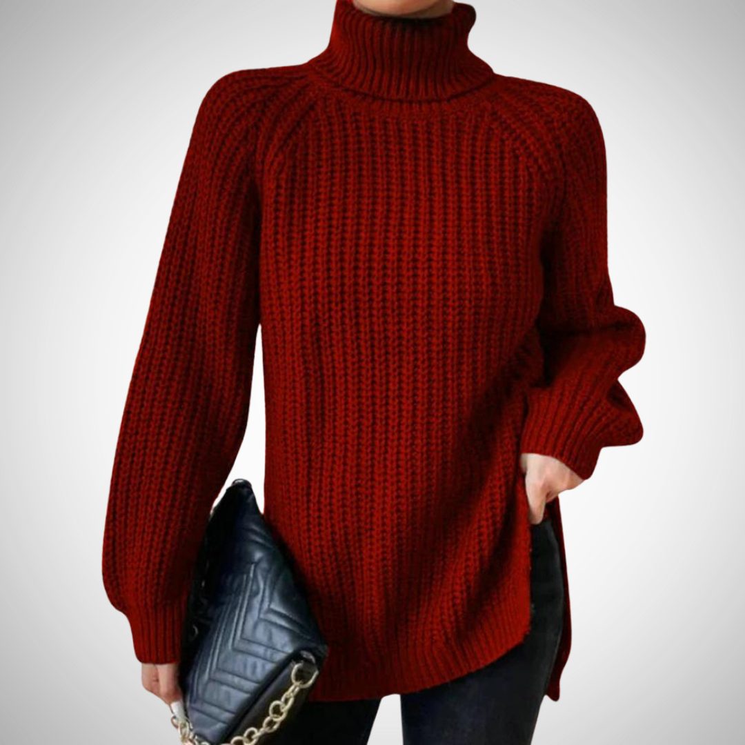 Ribbed Knit Tunic Turtleneck Sweater for Women - Rot