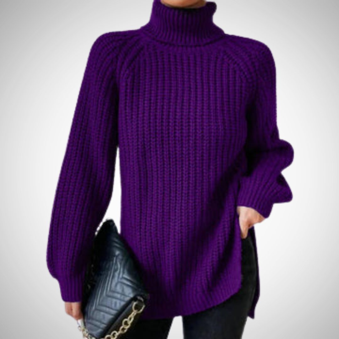 Ribbed Knit Tunic Turtleneck Sweater for Women - Lila