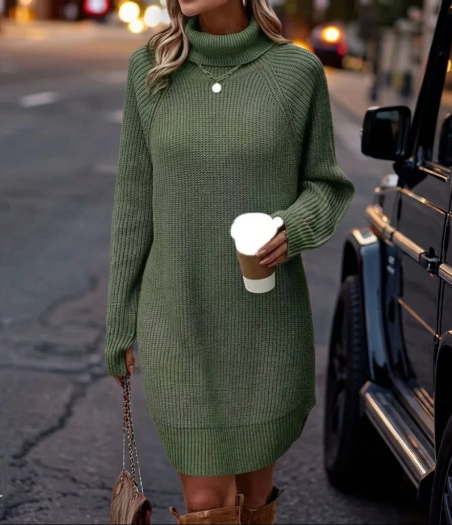 Ribbed Knit Turtleneck Mini Dress for Women - Green