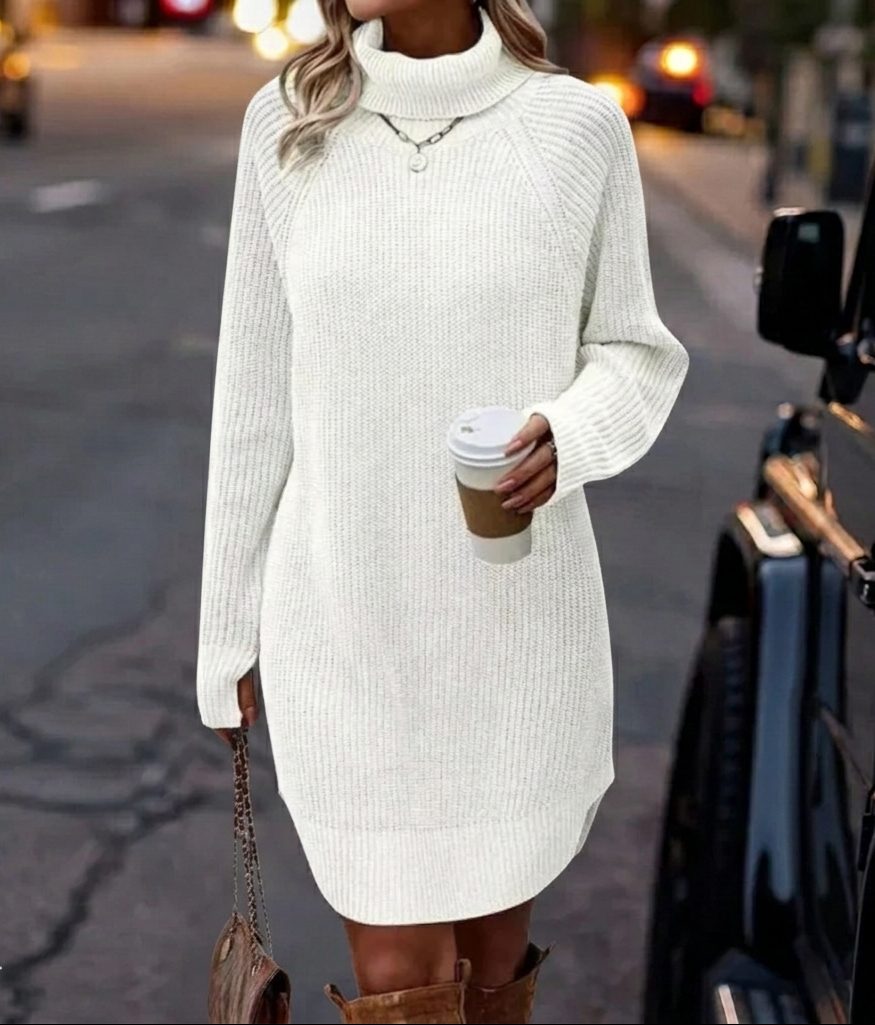 Ribbed Knit Turtleneck Mini Dress for Women - White