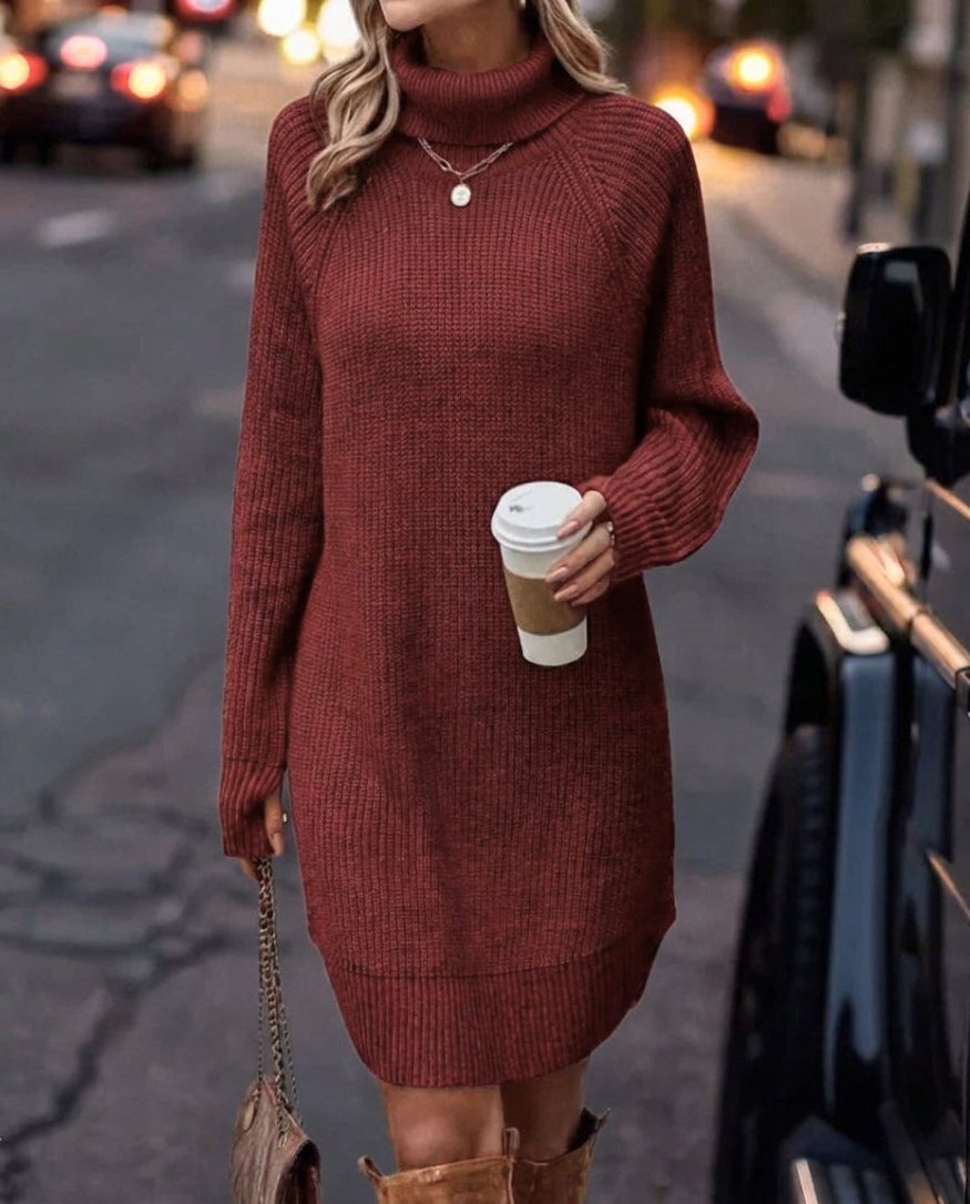 Ribbed Knit Turtleneck Mini Dress for Women - Purple