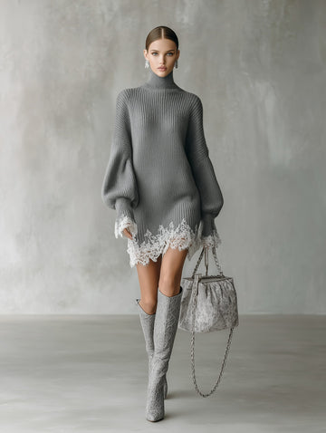 Ribbed Knit Turtleneck Sweater Dress with Lace Hem for Women - Grey