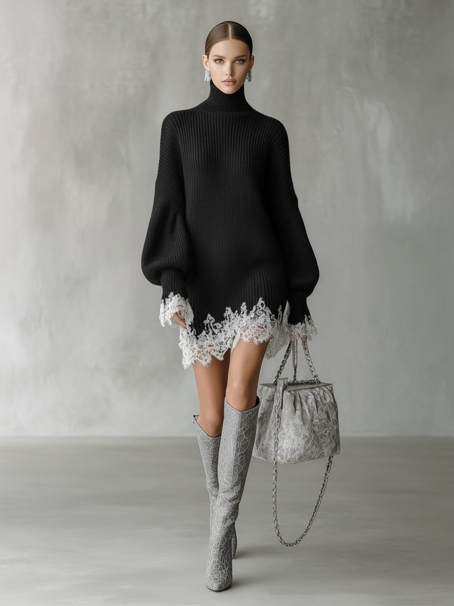 Ribbed Knit Turtleneck Sweater Dress with Lace Hem for Women - Black