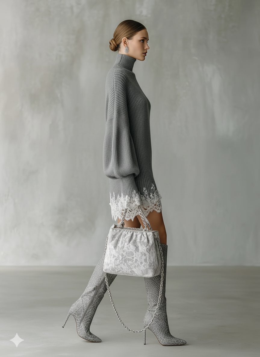 Ribbed Knit Turtleneck Sweater Dress with Lace Hem for Women - View 6
