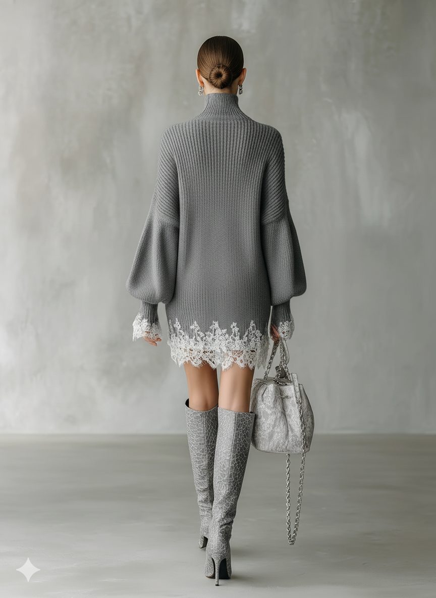 Ribbed Knit Turtleneck Sweater Dress with Lace Hem for Women - View 7
