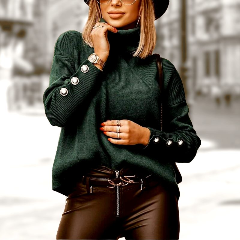 Ribbed Knit Turtleneck Sweater with Button Cuffs for Women