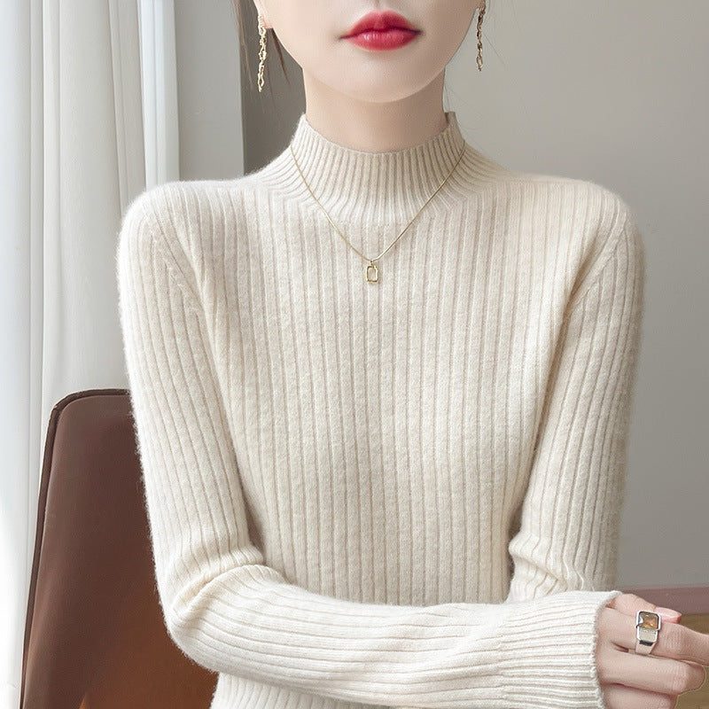 Ribbed Knit Turtleneck Sweater with Cashmere Look for Women - Beige