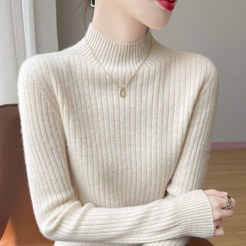 Ribbed Knit Turtleneck Sweater with Cashmere Look for Women - View 3
