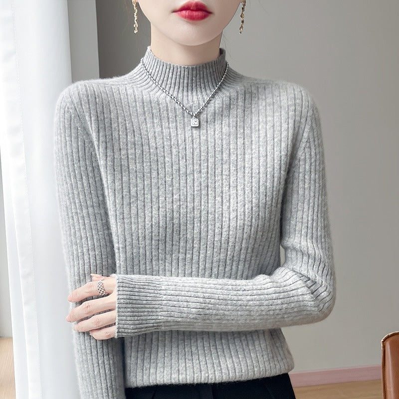 Ribbed Knit Turtleneck Sweater with Cashmere Look for Women - Gray