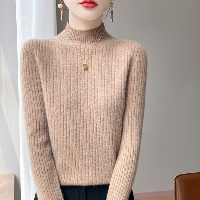 Ribbed Knit Turtleneck Sweater with Cashmere Look for Women - Gold-Camel