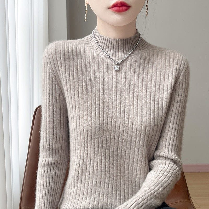 Ribbed Knit Turtleneck Sweater with Cashmere Look for Women - Camel Brown