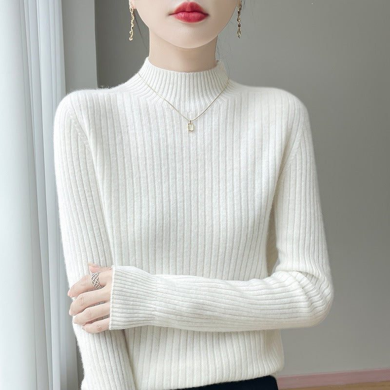 Ribbed Knit Turtleneck Sweater with Cashmere Look for Women - White